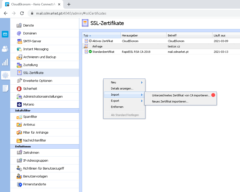 Kerio Connect - Import des Zertifikats von CA